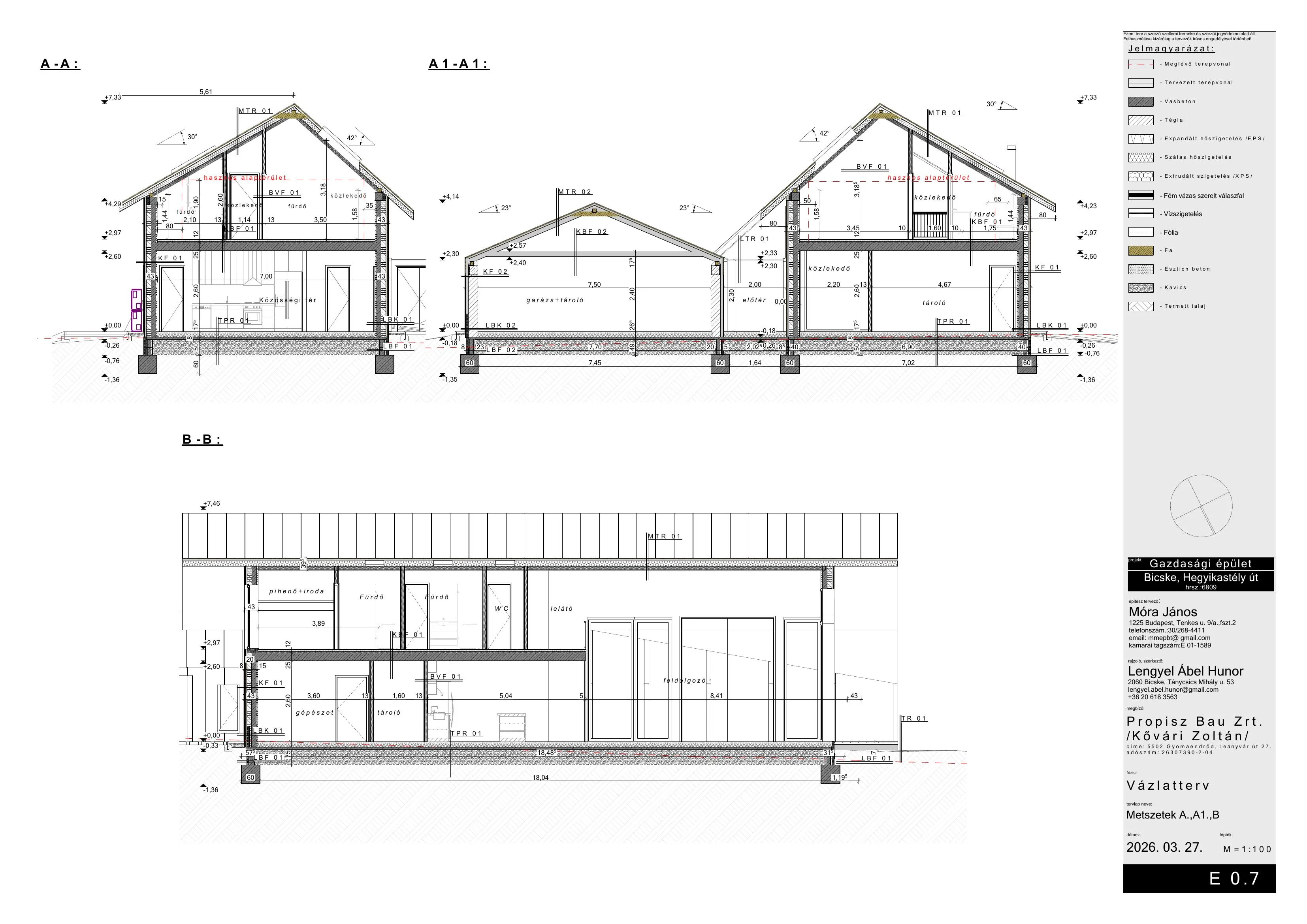 A-A, A1-A1 és B-B metszetek — Bicskei villaépület (E 0.7)
