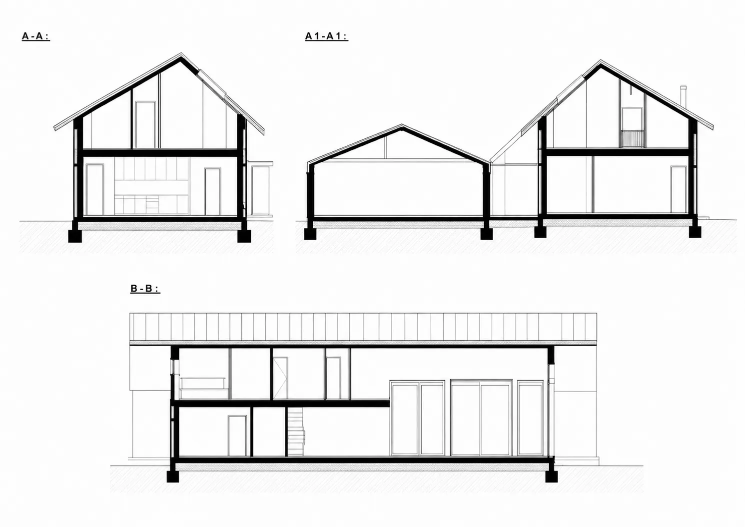A-A, A1-A1 és B-B metszetek — Bicskei villaépület, vázlattervi ábrázolás