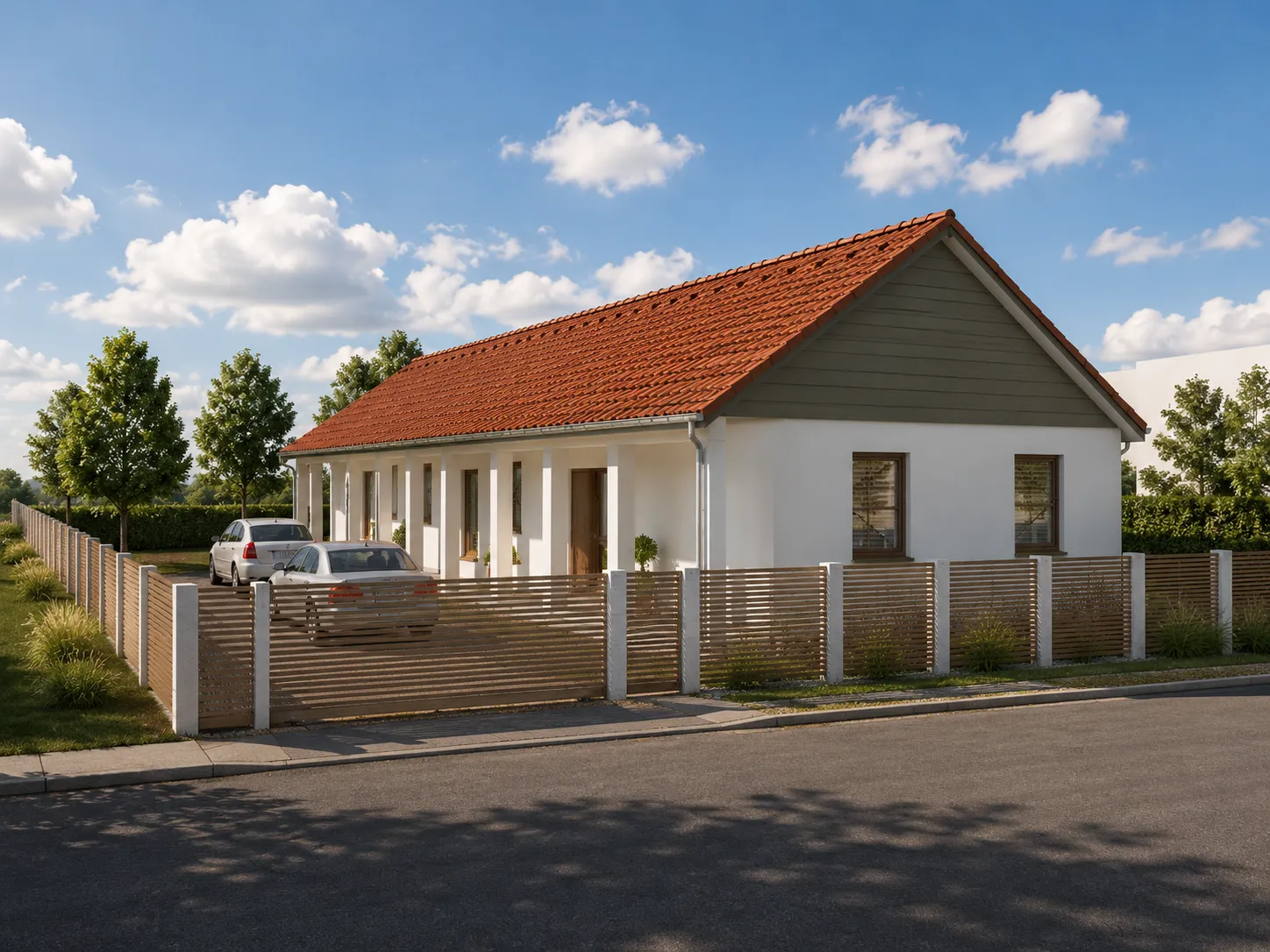 Mediterrán villa látványterve — meleg színvilágú, karakteres tetőformájú családi ház