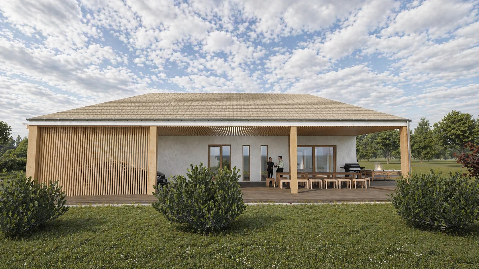 Modern parasztház — minimalista családi ház átriummal, látványterv